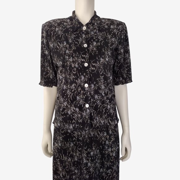 Vintage 1990s Black 2 Piece Crinkle Pleat Sleeveless Maxi Dress Jacket Set - Picture 5 of 12